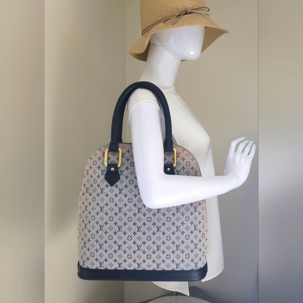 Louis Vuitton Alma Navy Mini Monogram Canvas Leather Large Hand Bag Vintage Auth - Picture 12 of 12
